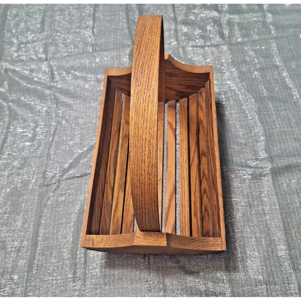 Vintage Oak Wood Slat Basket Tote Trug MCM Bentwood Arch Handle Cross Plains WI